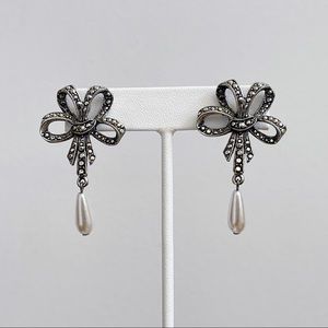 Silver Tone Marcasite Faux Pearl Dangle Earrings Classic Bridal Wedding